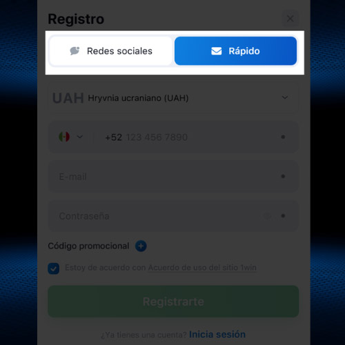 Elige un método de registro en 1Win