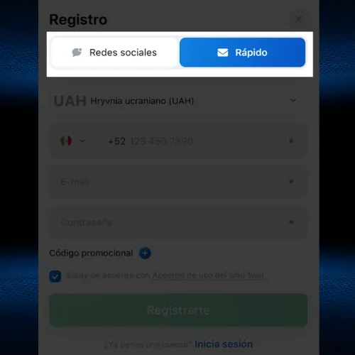 Elige un método de registro en 1Win
