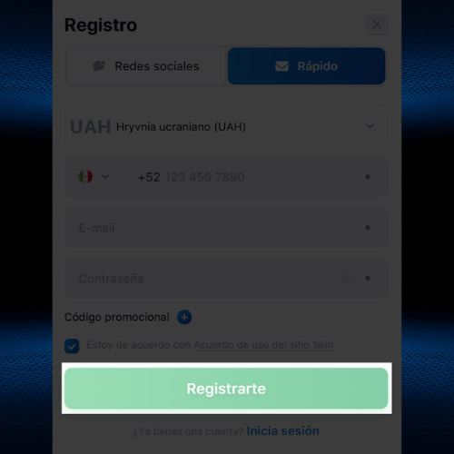 Completa el registro en la web de 1Win