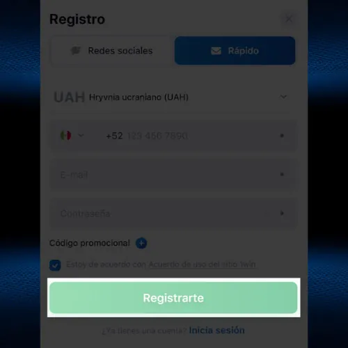 Completa el registro en la web de 1Win
